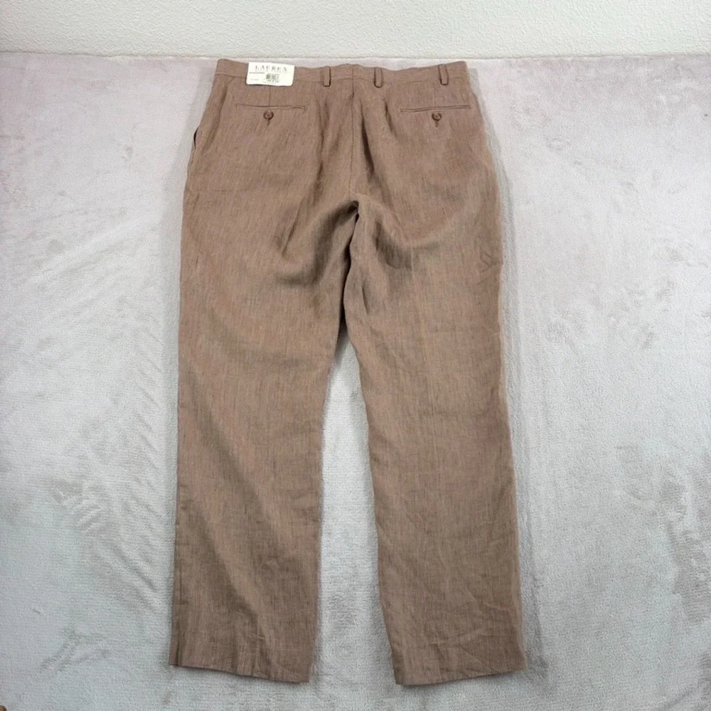 Lauren Ralph Lauren Trim Fit Trouser Pants in Brown 100% Linen Flat Front NWT